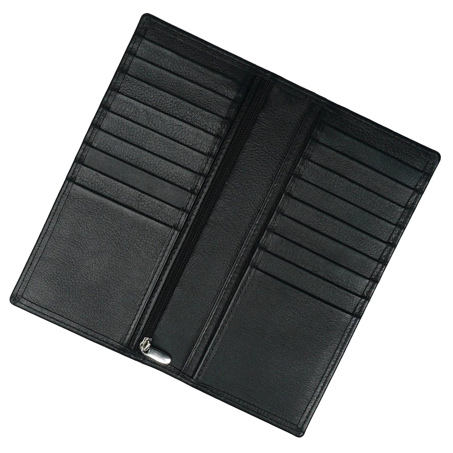 Men’s Leather Long Wallet – Black | 18 Card Slots, Zipper Pocket & Passport Holder