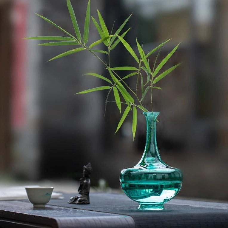 Handmade Glass Vase Clear Grey and Emerald green