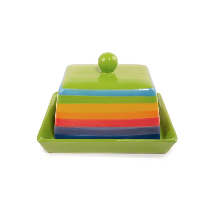 Hand Painted Rainbow Stripe Ceramic Butter Dish