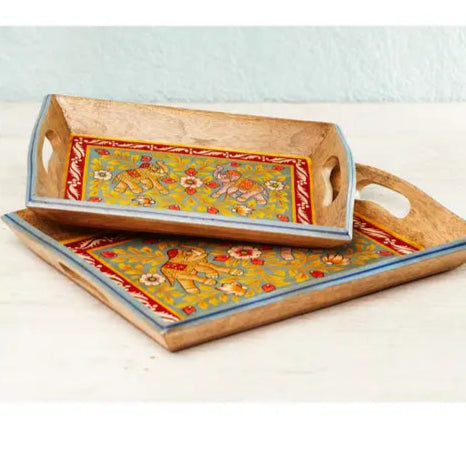 Hand Painted Mango Wood Tray Set of 2