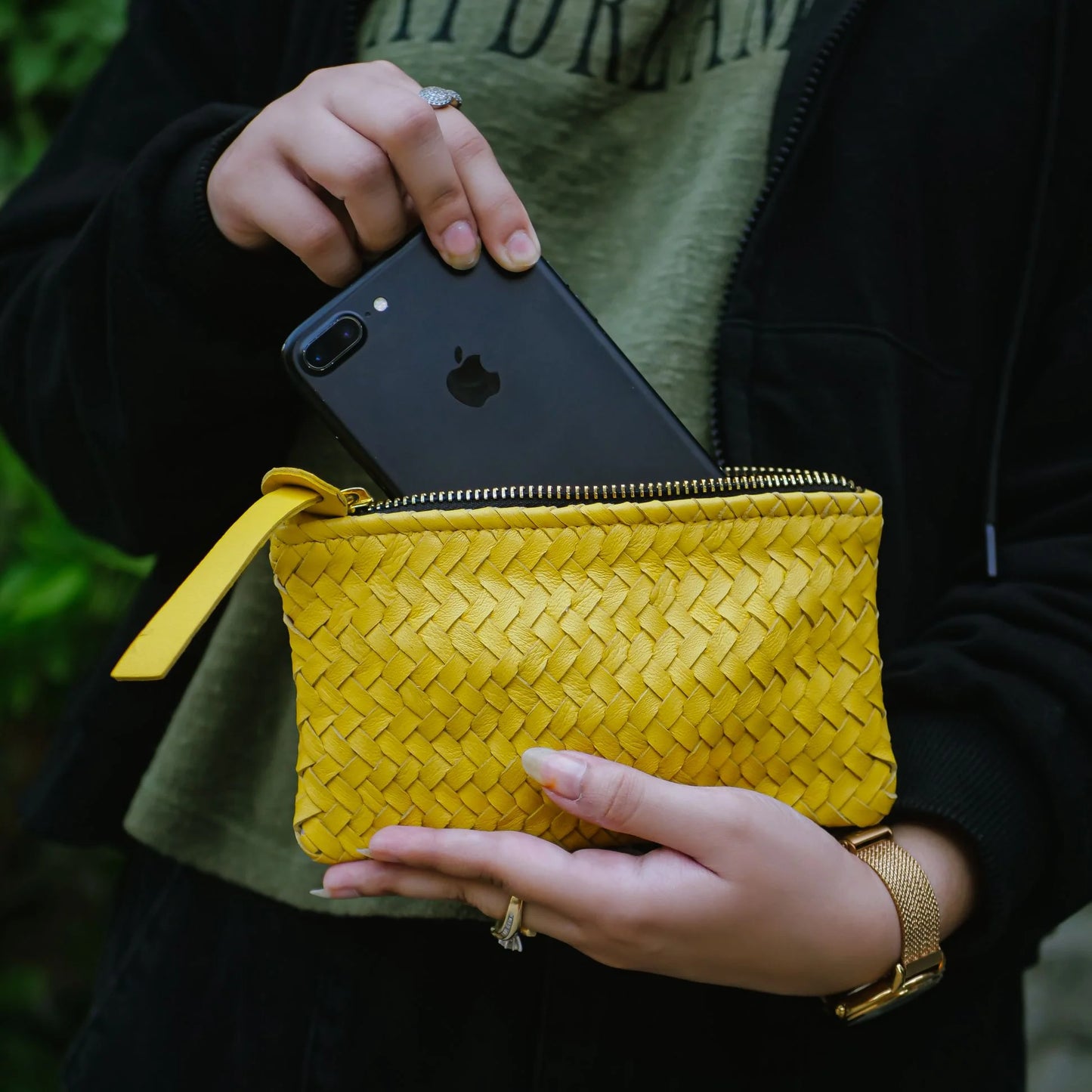 Mini Handwoven Leather Zipper Clutch – Yellow Handwoven Leather Purse
