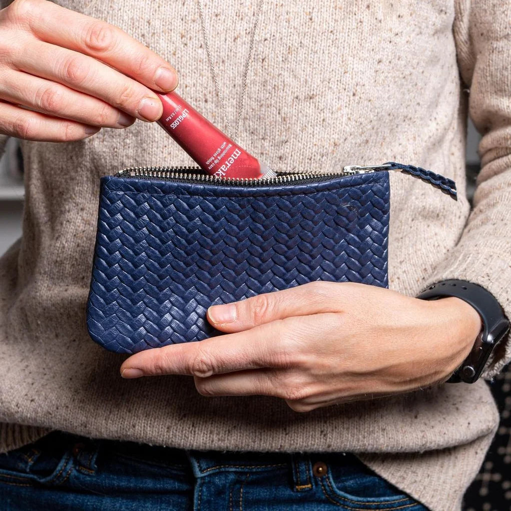 Mini Handwoven Leather Zipper Clutch – Blue Leather Handmade Purse