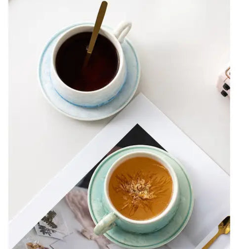 Crystal Glazed Ceramic Coffee Mug and Saucer Set