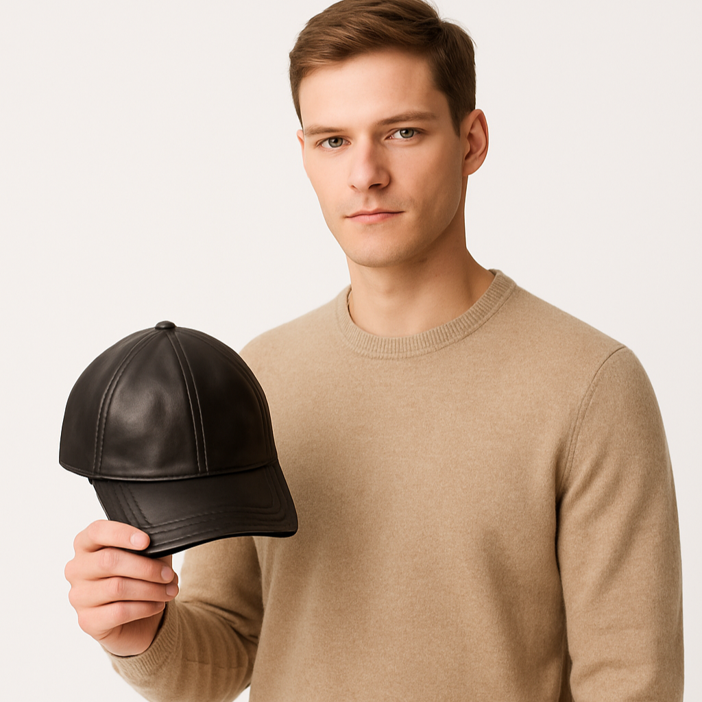 Brown Pure Leather Baseball Cap - Adjustable Strap & Durable Genuine Leather Hat