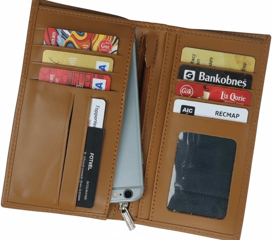 18 Pockets Leather Long Wallet for Men & Women Tan Brown