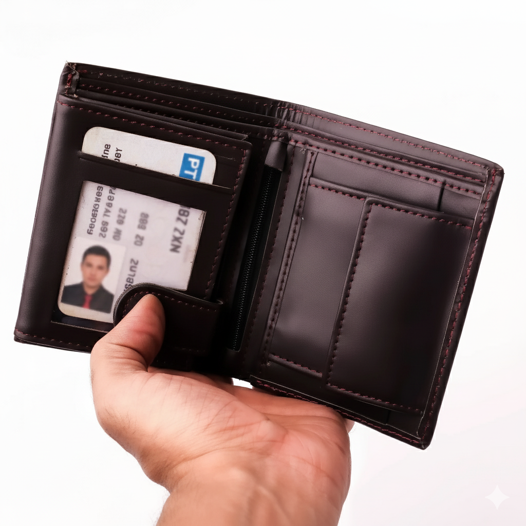 Burgundy Pure Leather Compact Wallet - Bifold with Coin Pocket & Dual ID Windows