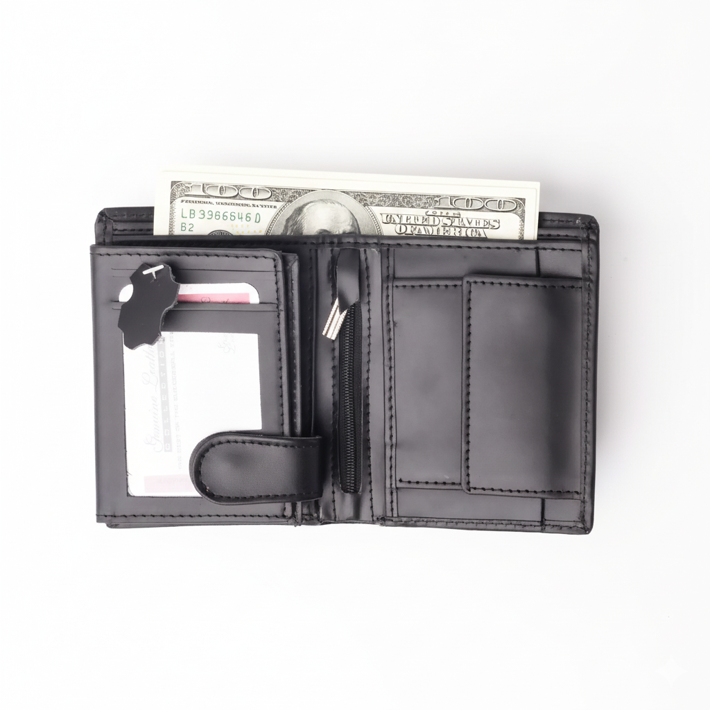 Black Pure Leather Compact Wallet - Bifold with Coin Pocket & Dual ID Windows