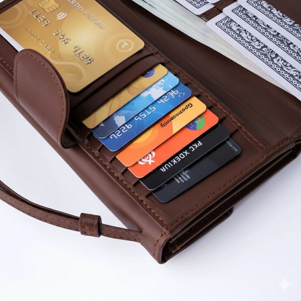 Women’s Leather Clutch Wallet with Handle – Brown Magnetic & Zipper Closure