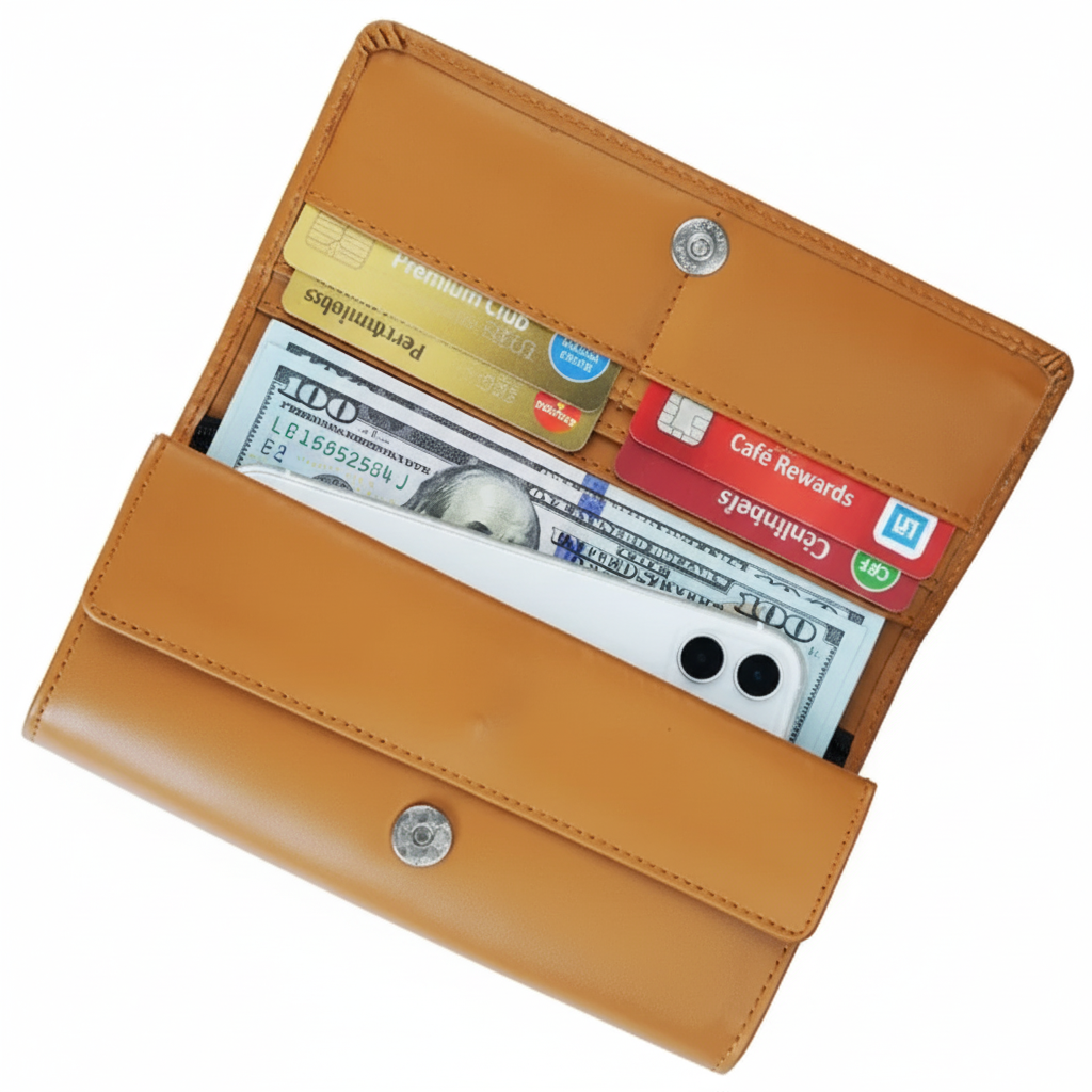 Women’s Leather Clutch Long Wallet Magnetic Flip Purse with Card, Cash and Mobile Slots