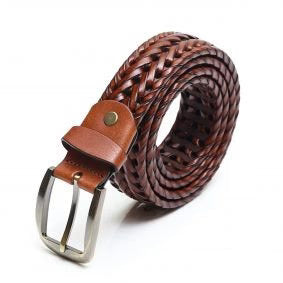 Stylish Braided Men’s Leather Belt – Tan Genuine Leather with Golden Buckle