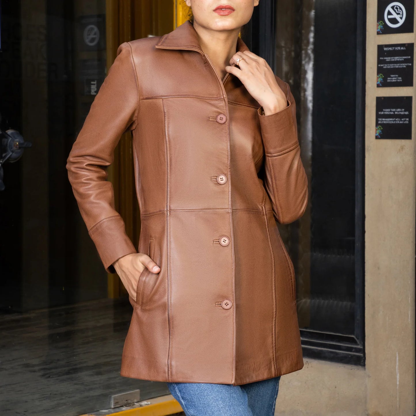 Real Leather Jacket handmade jackets Ladies jackets Long coat for women Long Coat with Pockets Leather Car Coat luxury leather jacket