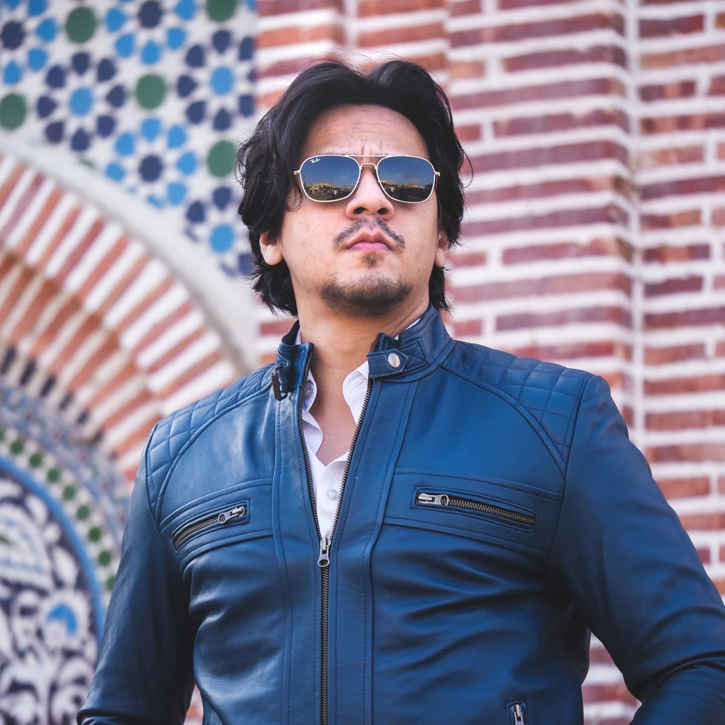 Men Jacket Leather Jacket Blue Biker Style Jacket Handmade jacket