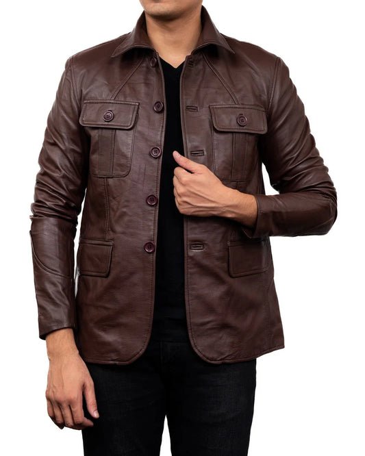 Leather Blazer Handmade Blazer Men Blazer 5-Button Leather Blazer Brown leather Blazer