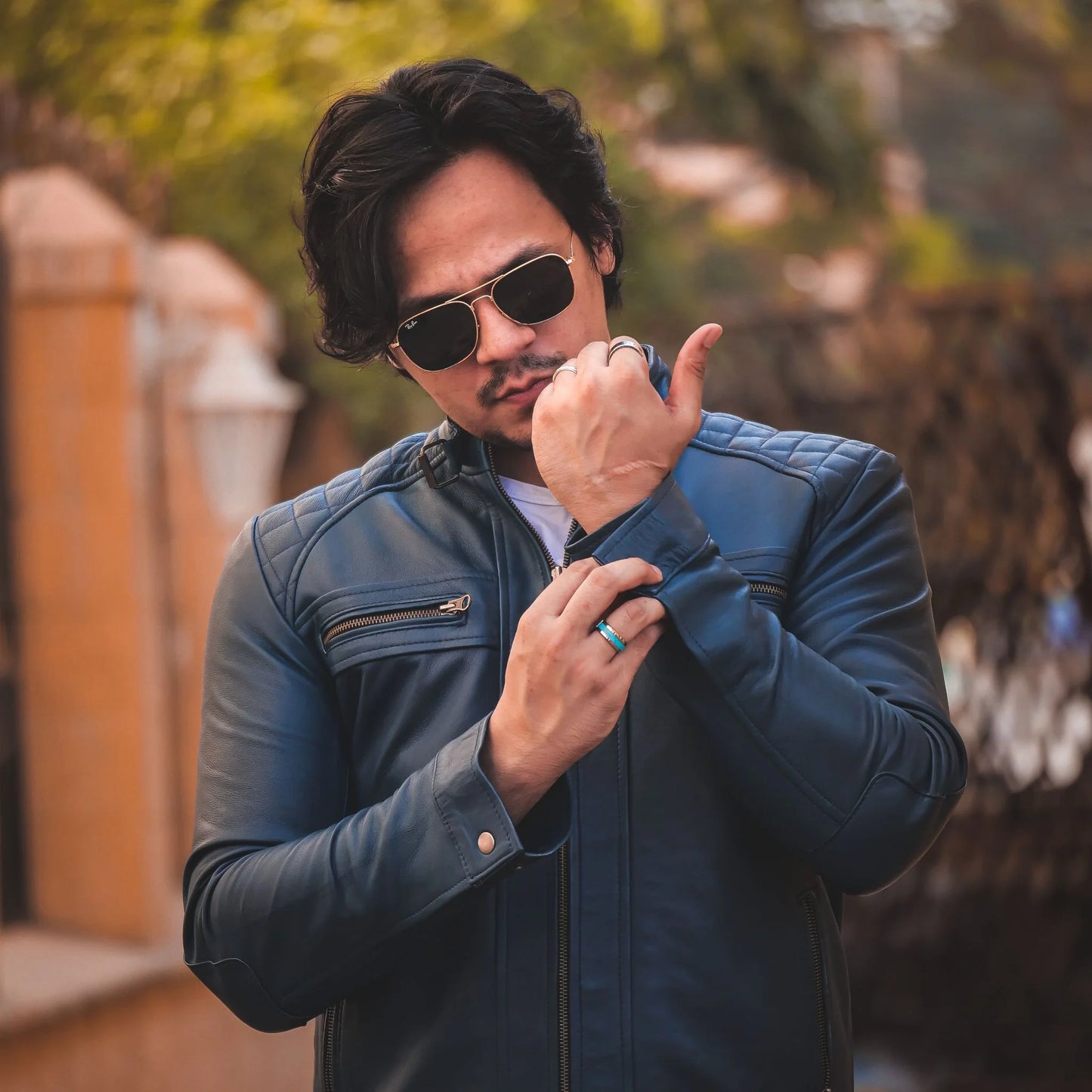 Men Jacket Leather Jacket Blue Biker Style Jacket Handmade jacket