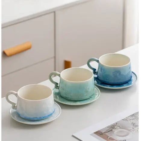 Crystal Glazed Ceramic Coffee Mug and Saucer Set