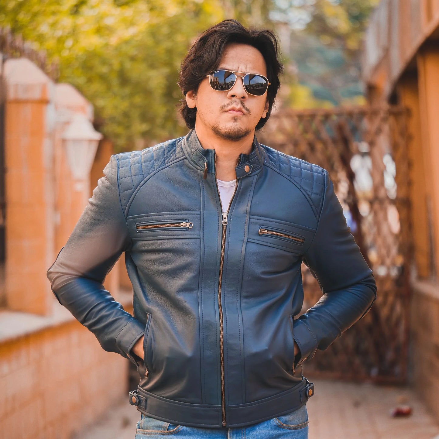 Men Jacket Leather Jacket Blue Biker Style Jacket Handmade jacket