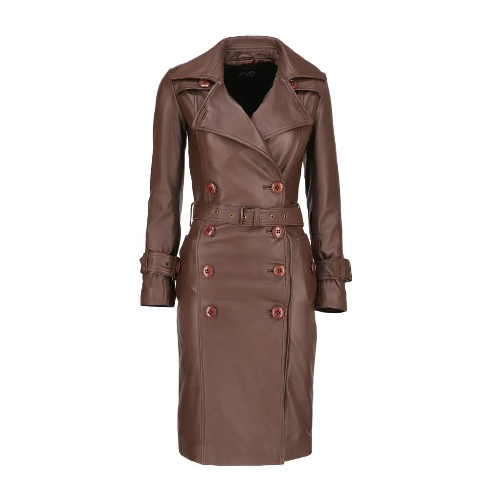 Handmade Long coat Leather long coat Ladies coat  Trench Coat long coat with belt