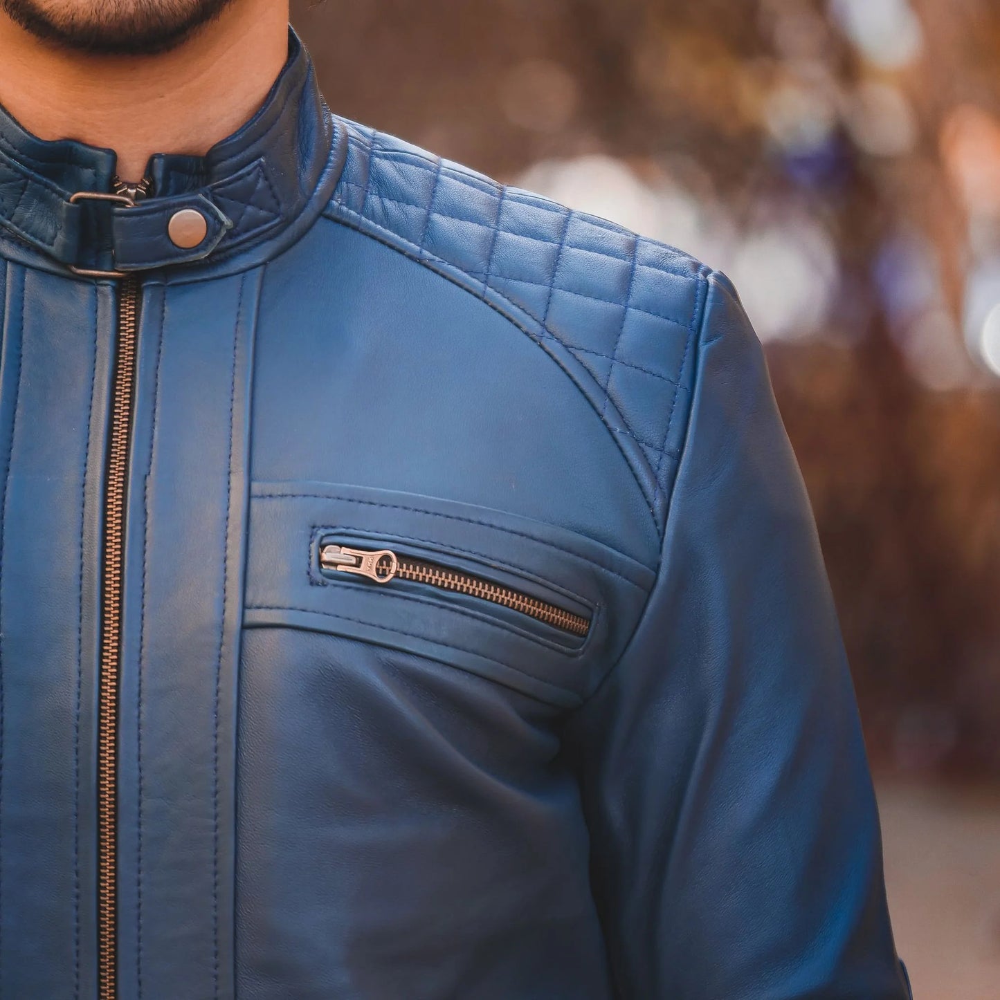 Men Jacket Leather Jacket Blue Biker Style Jacket Handmade jacket