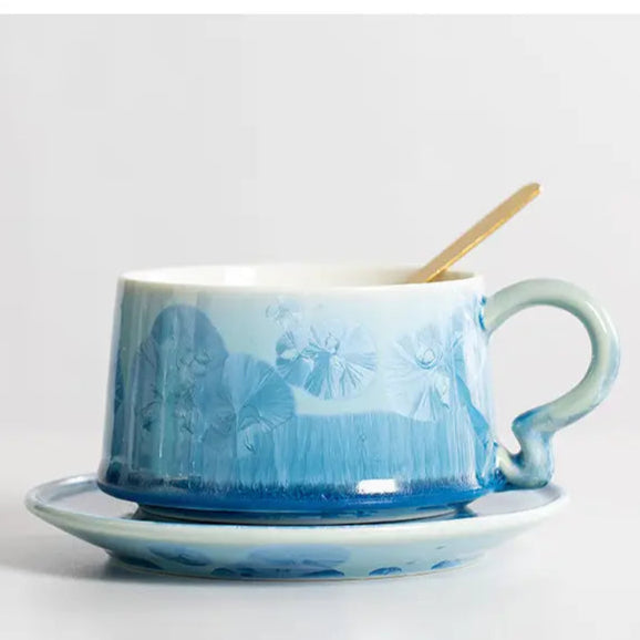 Crystal Glazed Ceramic Coffee Mug and Saucer Set