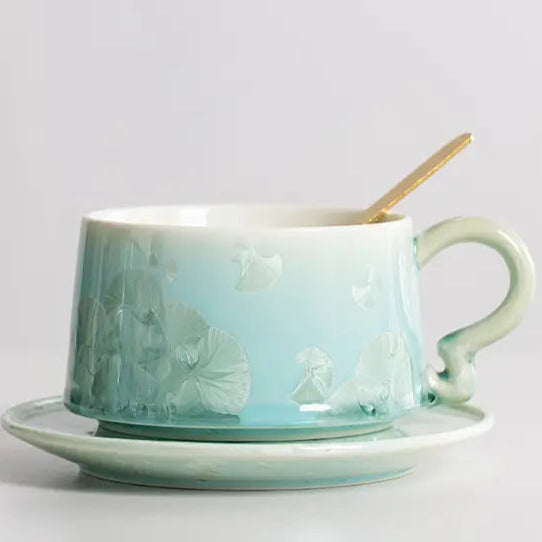 Crystal Glazed Ceramic Coffee Mug and Saucer Set