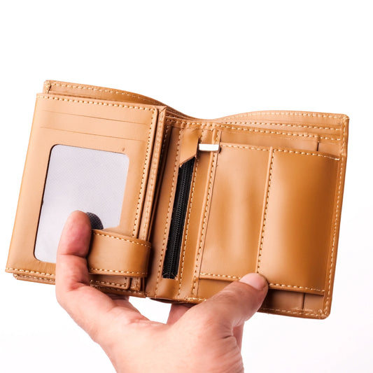 Camel Pure Leather Compact Wallet - Bifold with Coin Pocket & Dual ID Windows