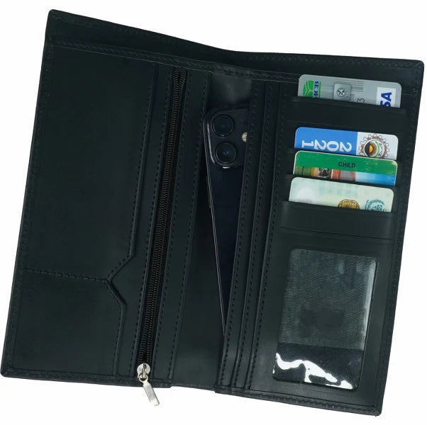 Leather Long Wallet Black Travel Organizer Wallet for Money, Cards Passport
