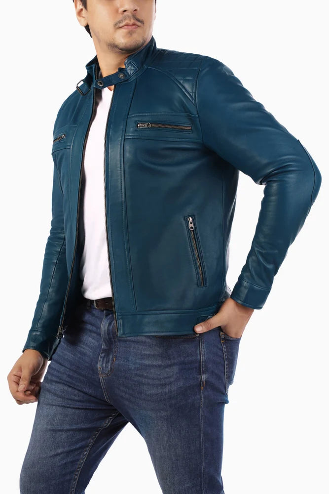 Men Jacket Leather Jacket Blue Biker Style Jacket Handmade jacket