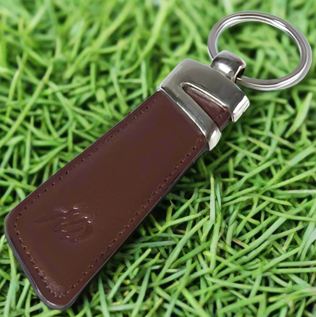 Brown and Blue  Real Leather Keychain - Slim Key Fob with Silver Key Ring