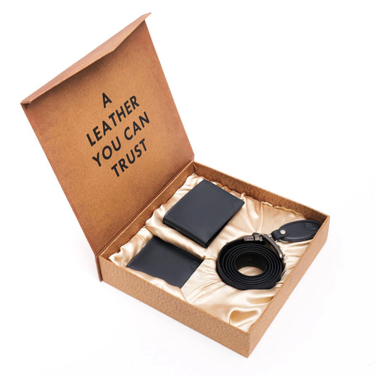 Signature Men’s Gift Set – 4 Piece Blue Box | Wallet, Leather Belt, Card Holder & Keychain