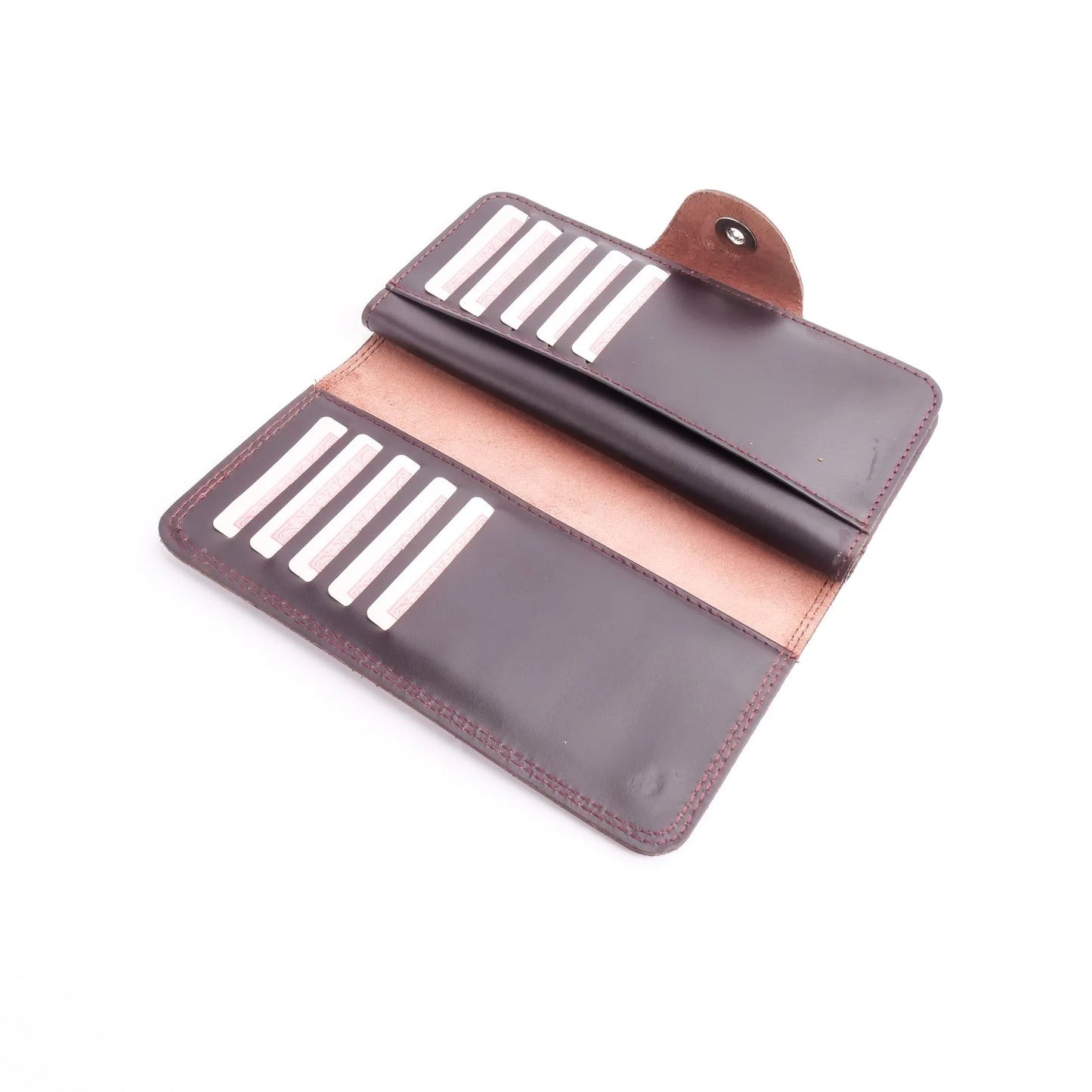 Pure Leather Long Wallet with Button Closure – Burgundy 22 Card Slots & Multiple Compartments