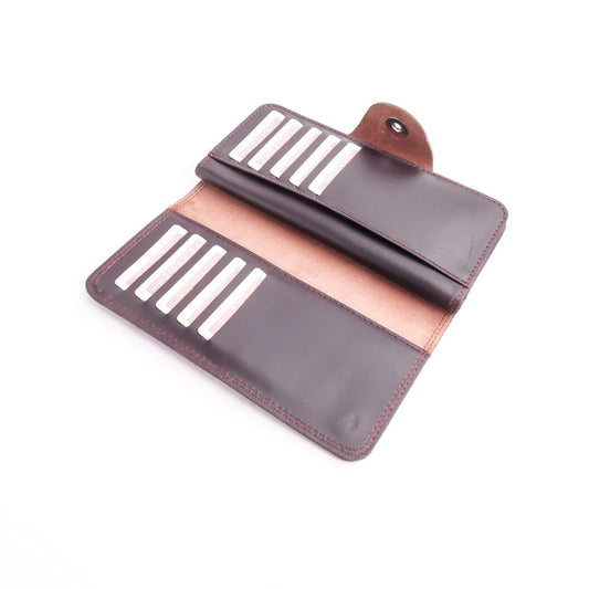 Pure Leather Long Wallet with Button Closure – Burgundy 22 Card Slots & Multiple Compartments