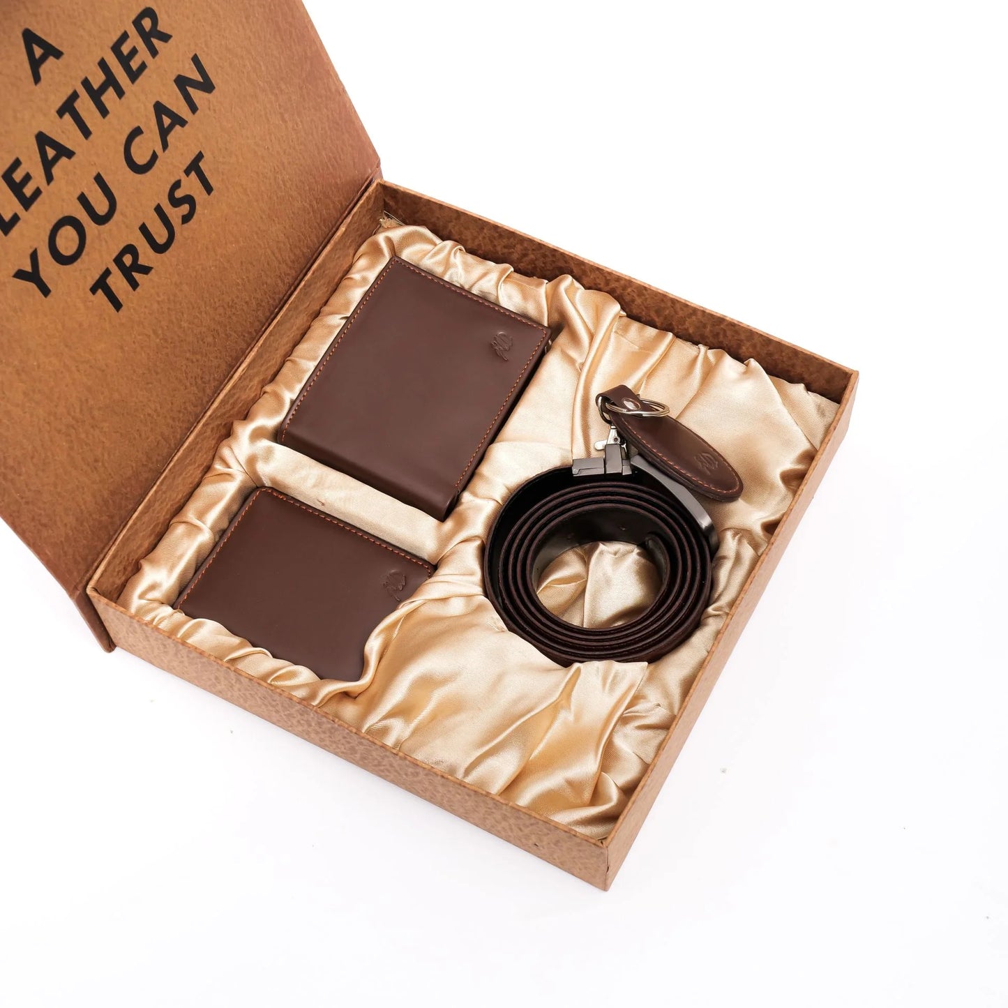 Signature 4-Piece Leather Gift Set for Men – Wallet, Belt, Card Holder & Keychain (Brown)