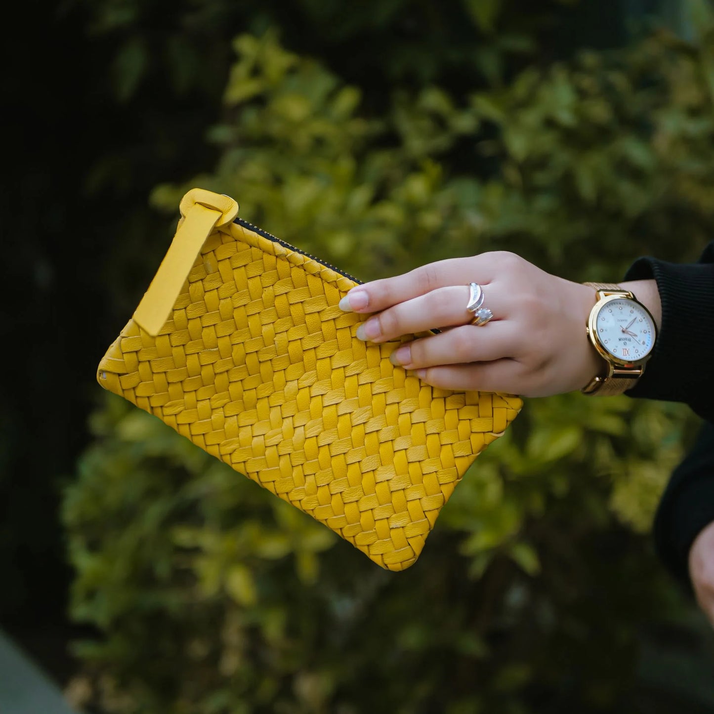 Mini Handwoven Leather Zipper Clutch – Yellow Handwoven Leather Purse