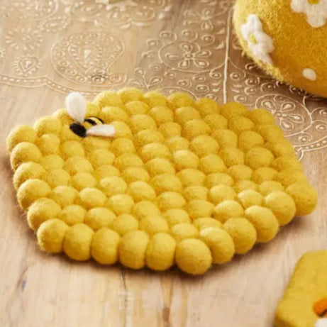 Handmade Wool Felt Bee Hexagon Trivet