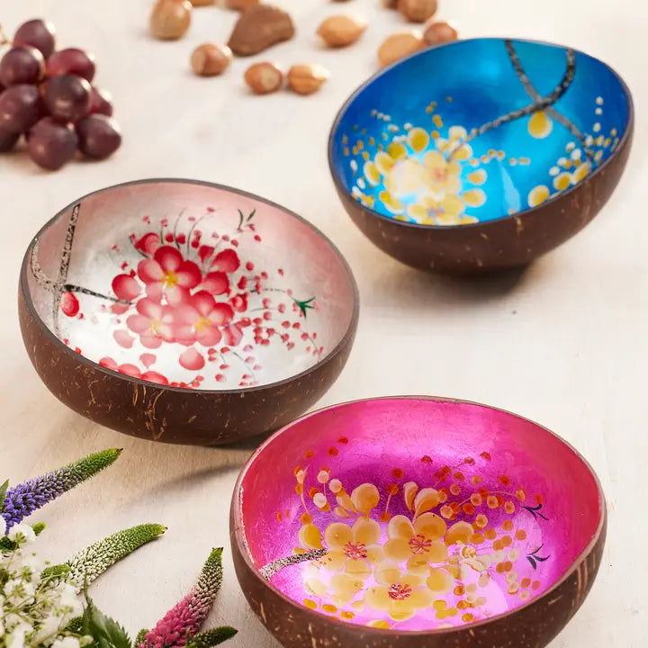 Coconut Bowl with Hand Painted Flowers