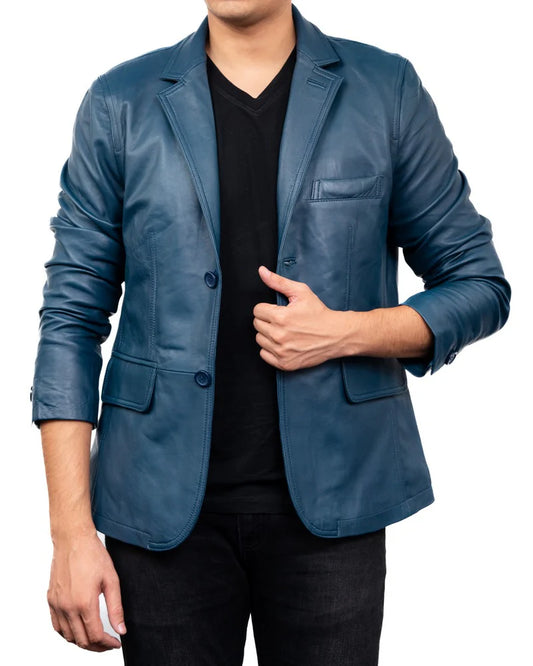Handmade Leather Blazer 2-Button Leather Blazer Blue leather Blazer