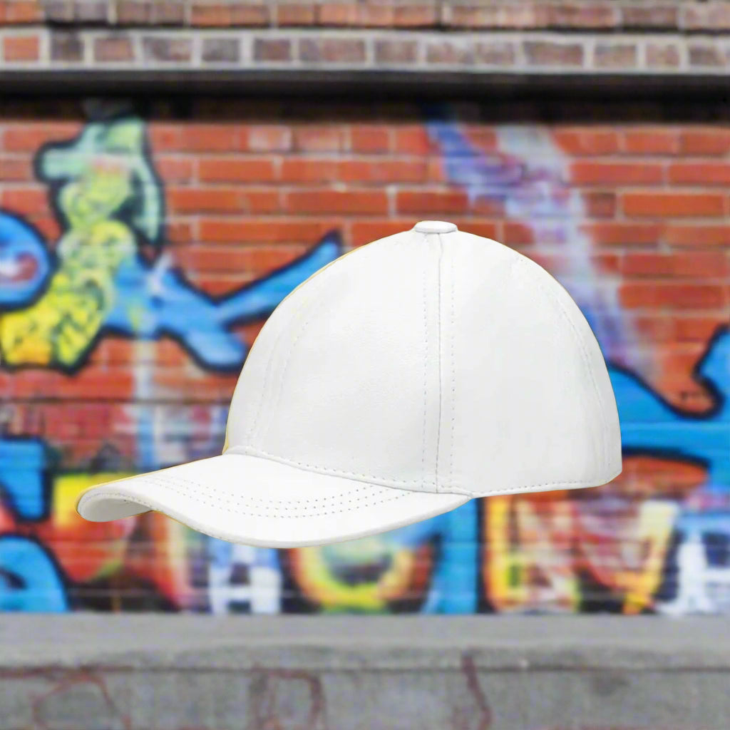 White Pure Leather Baseball Cap - Adjustable Strap & Genuine Leather Snapback Hat Unisex Pure Leather Cap