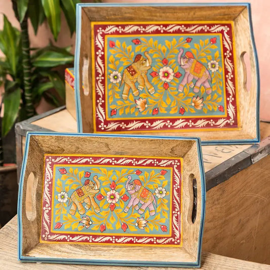 Hand Painted Mango Wood Tray Set of 2