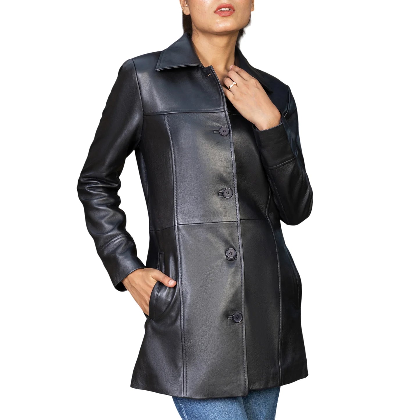 Real Leather Jacket handmade jackets Ladies jackets Long coat for women Long Coat with Pockets Leather Car Coat luxury leather jacket
