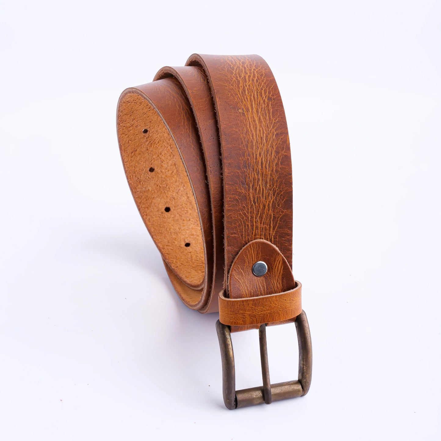 Leather Casual Jeans Belt for Men Tan  1.5" Width with Antique Brass Buckle