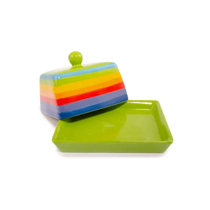 Hand Painted Rainbow Stripe Ceramic Butter Dish