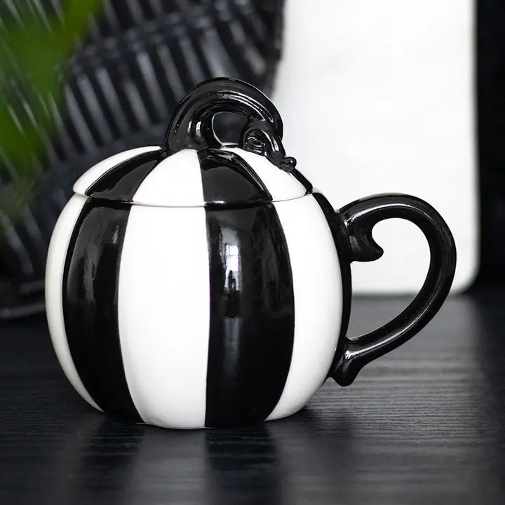 Black and White Striped Mug with Lid