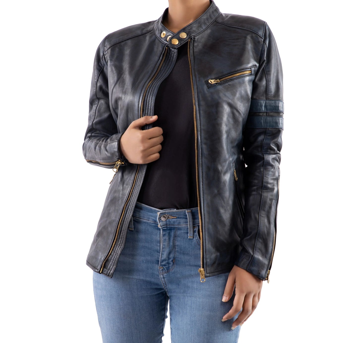 Leather Jacket Handmade Jacket Women Jacket Biker Jacket Blue