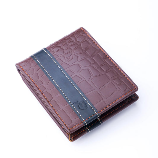 Men's Brown Croc-Style Leather Wallet - Bifold Card Holder with ID Window & 12 Slots