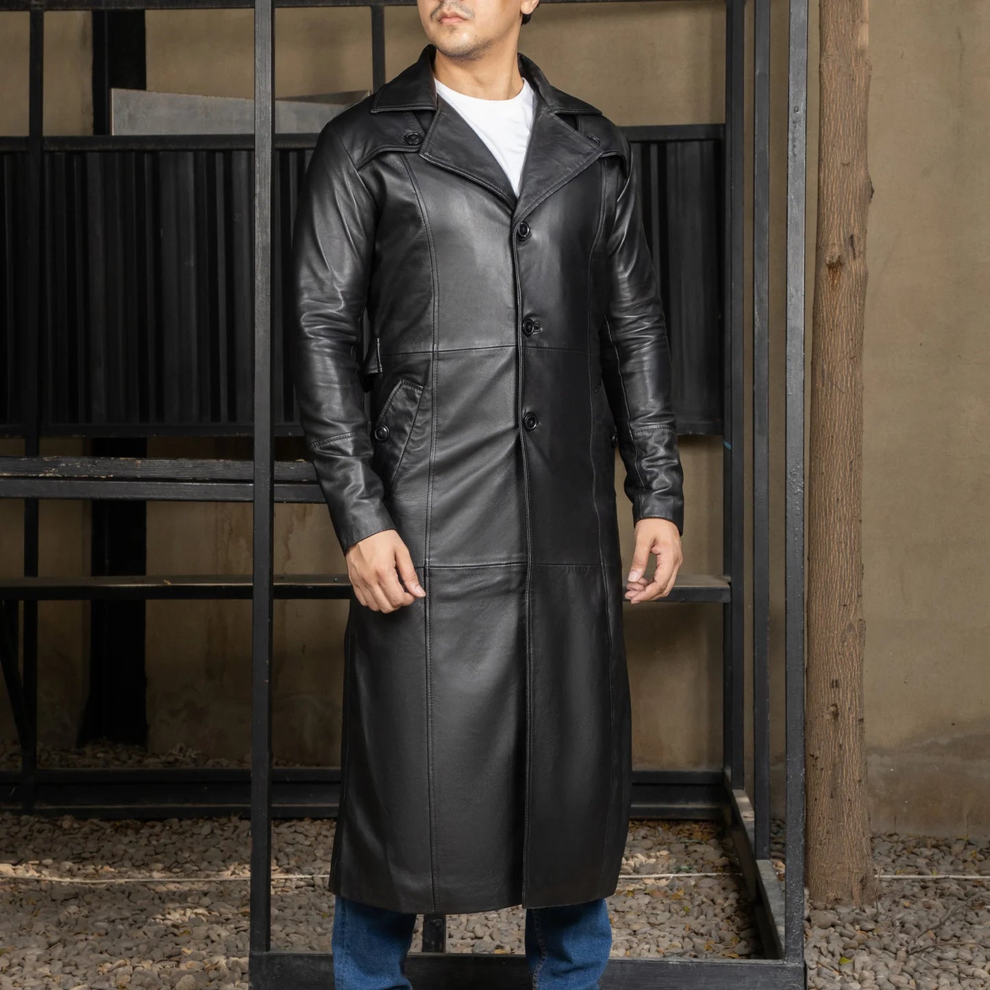 Handmade Leather Jacket Men Trench Coat Leather Overcoat