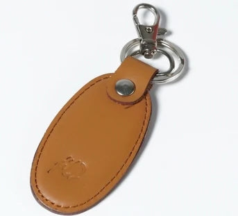 Camel Brown Real Leather Keychain - Locking Key Hook with Silver Metal Ring