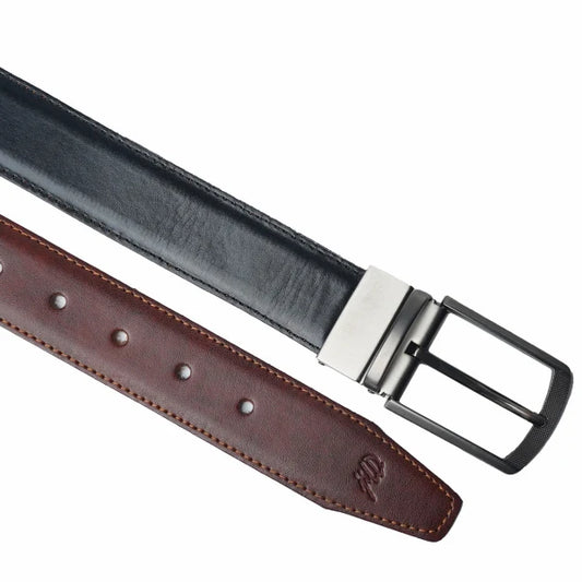 Men’s Leather Belt – Double-Sided Laminated Belt with Silver Buckle – 2-in-1 Formal & Casual Accessory