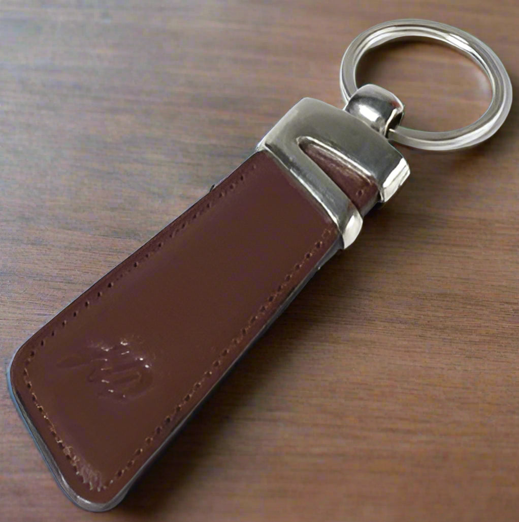 Brown and Blue  Real Leather Keychain - Slim Key Fob with Silver Key Ring