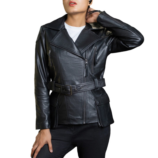 Handmade jackets Real Leather Jacket Leather Outerwear Ladies leather Jacket Belted Coat with Pockets