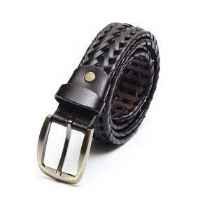 Stylish Braided Men’s Leather Belt – Brown | Genuine Leather with Golden Buckle